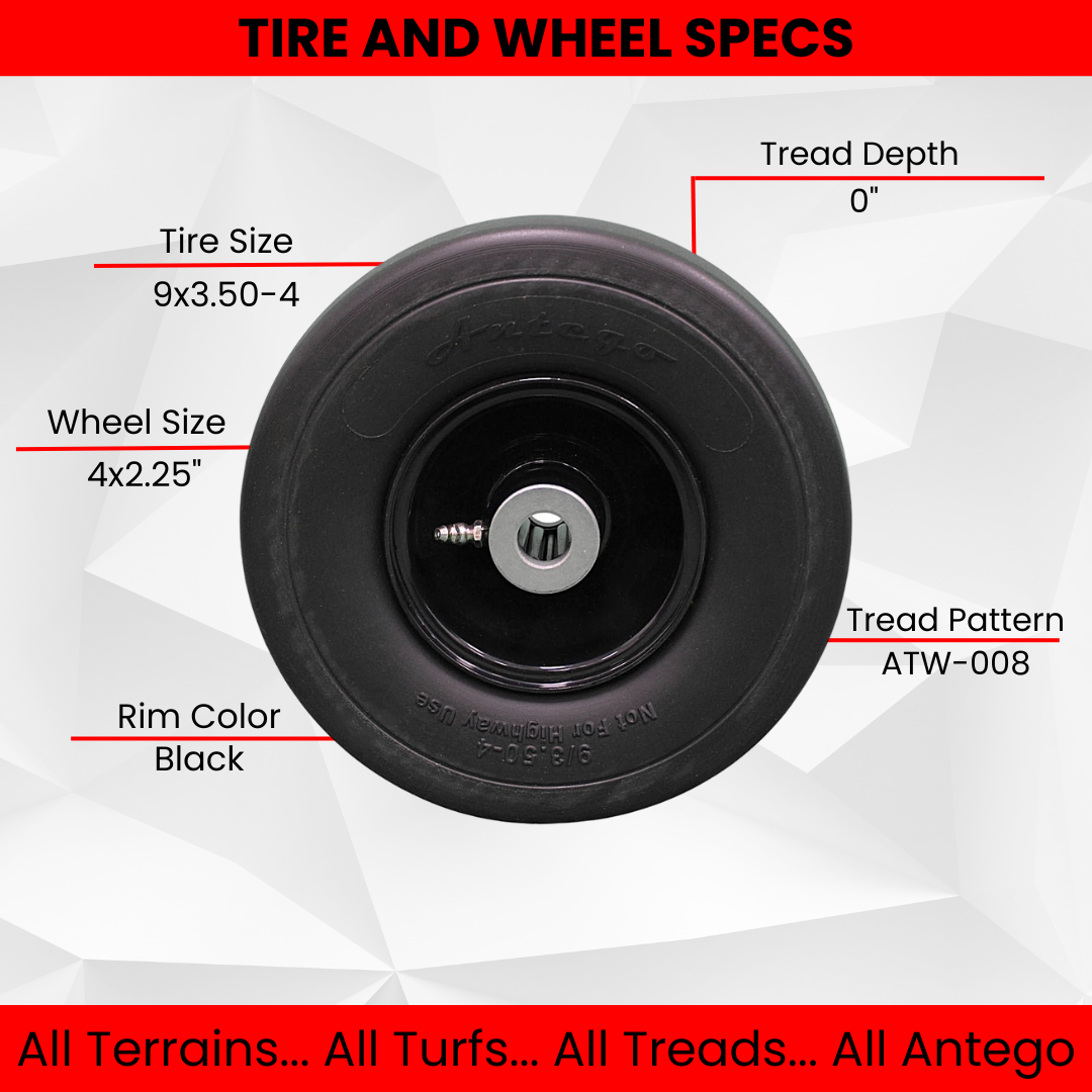9x3.50-4 Flat Free Tire and Wheel Assemblies - Fits GRAVELY 45205, 3.25" Hub, 3/4" Caged Roller Bearings (Set of 4)