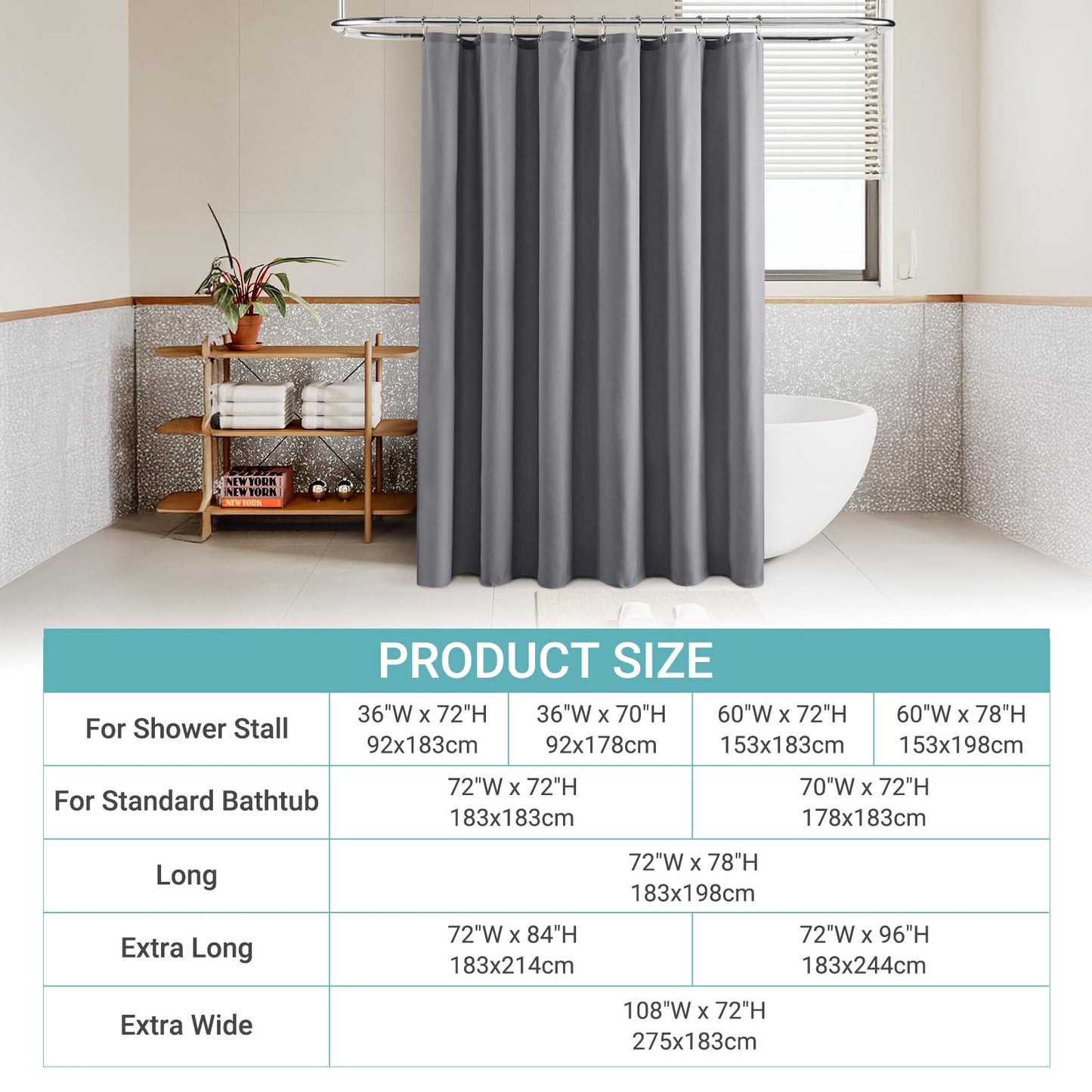 Jolilight Grey Linen Blend Shower Curtain Rustic Cottage 72x72 with Hooks