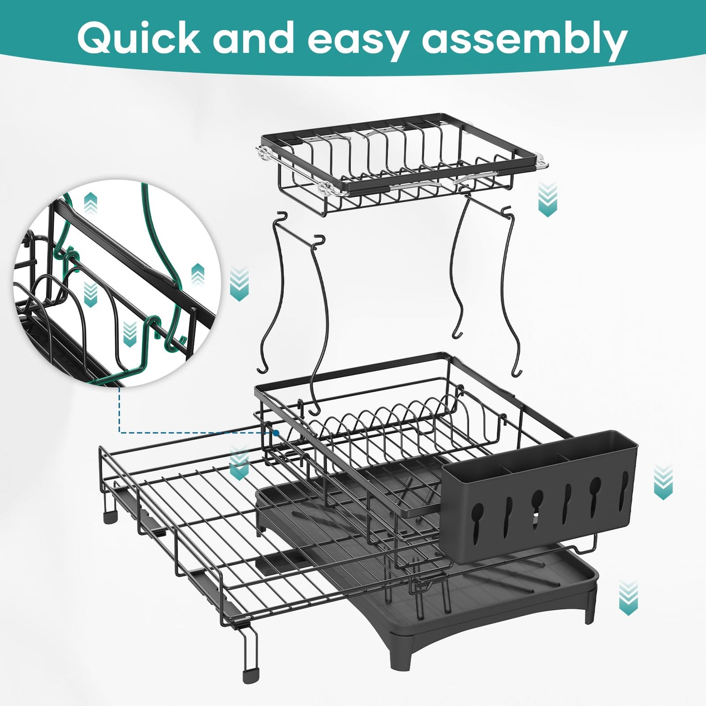 Gtyasm Extendable 2Tier Dish Drying Rack Drainboard & Cutlery Holder Black Large