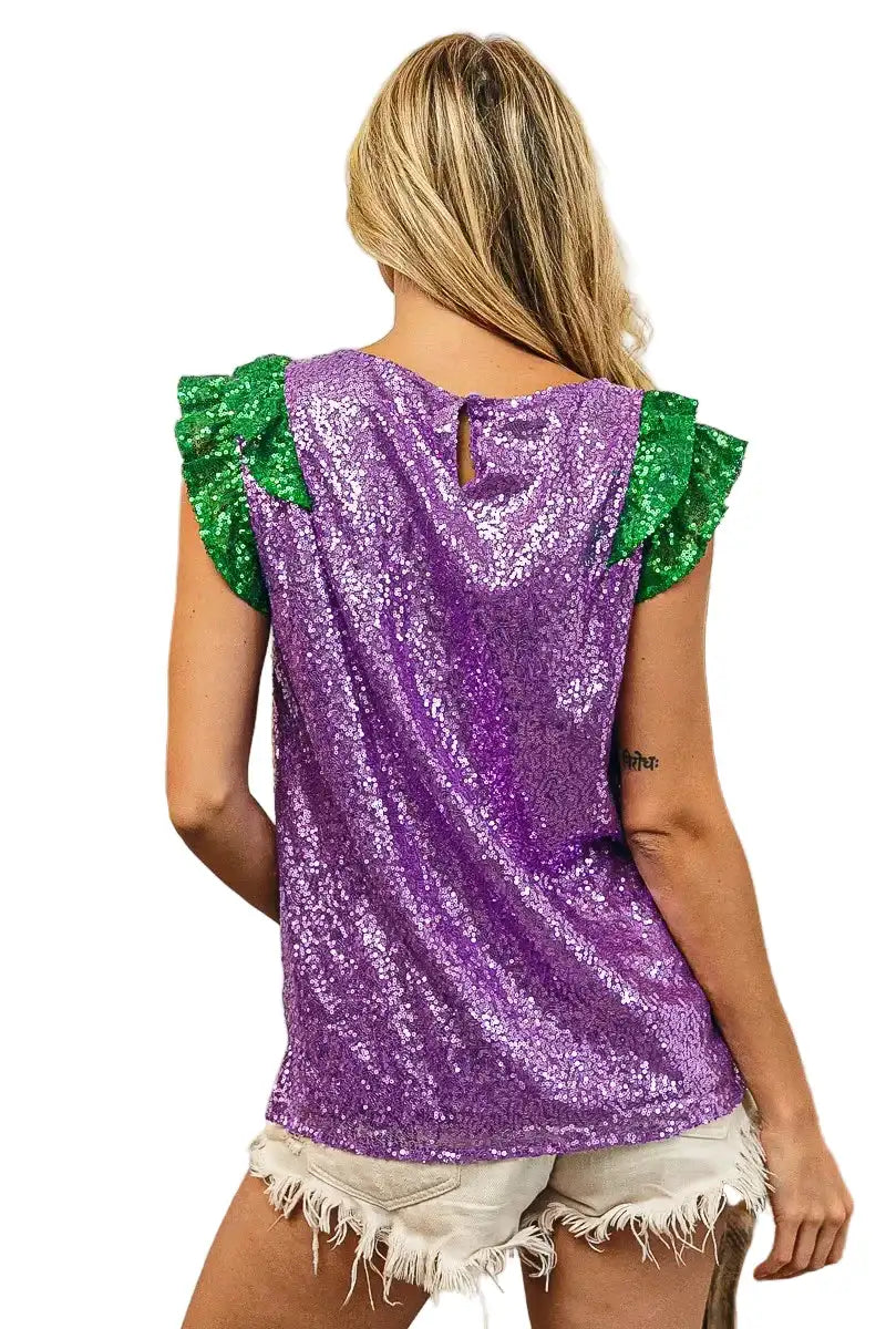 BiBi Mardi Gras Sequin Color Block Ruffled Top