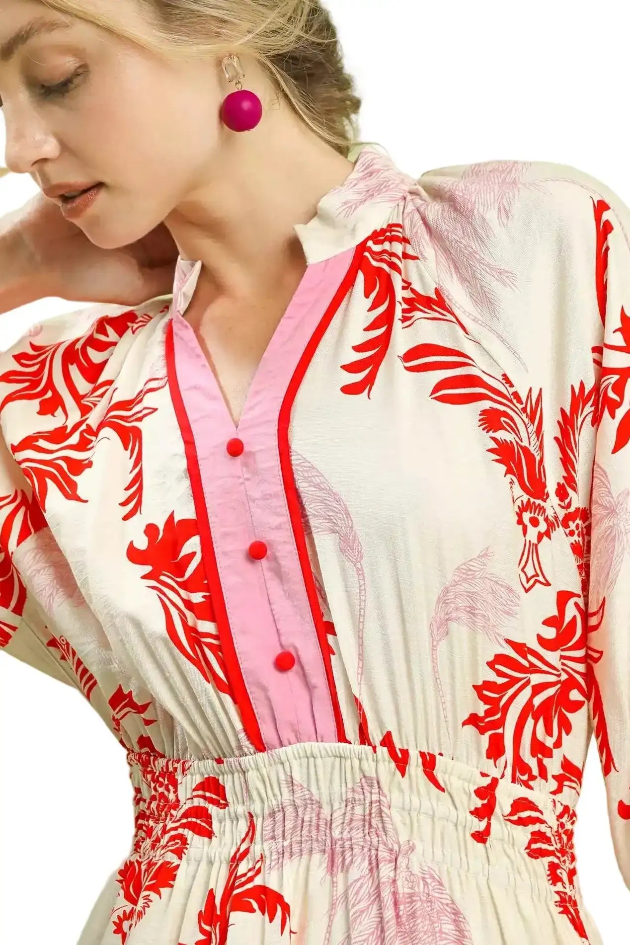 Umgee Tropical Print Button Detail Midi Dress