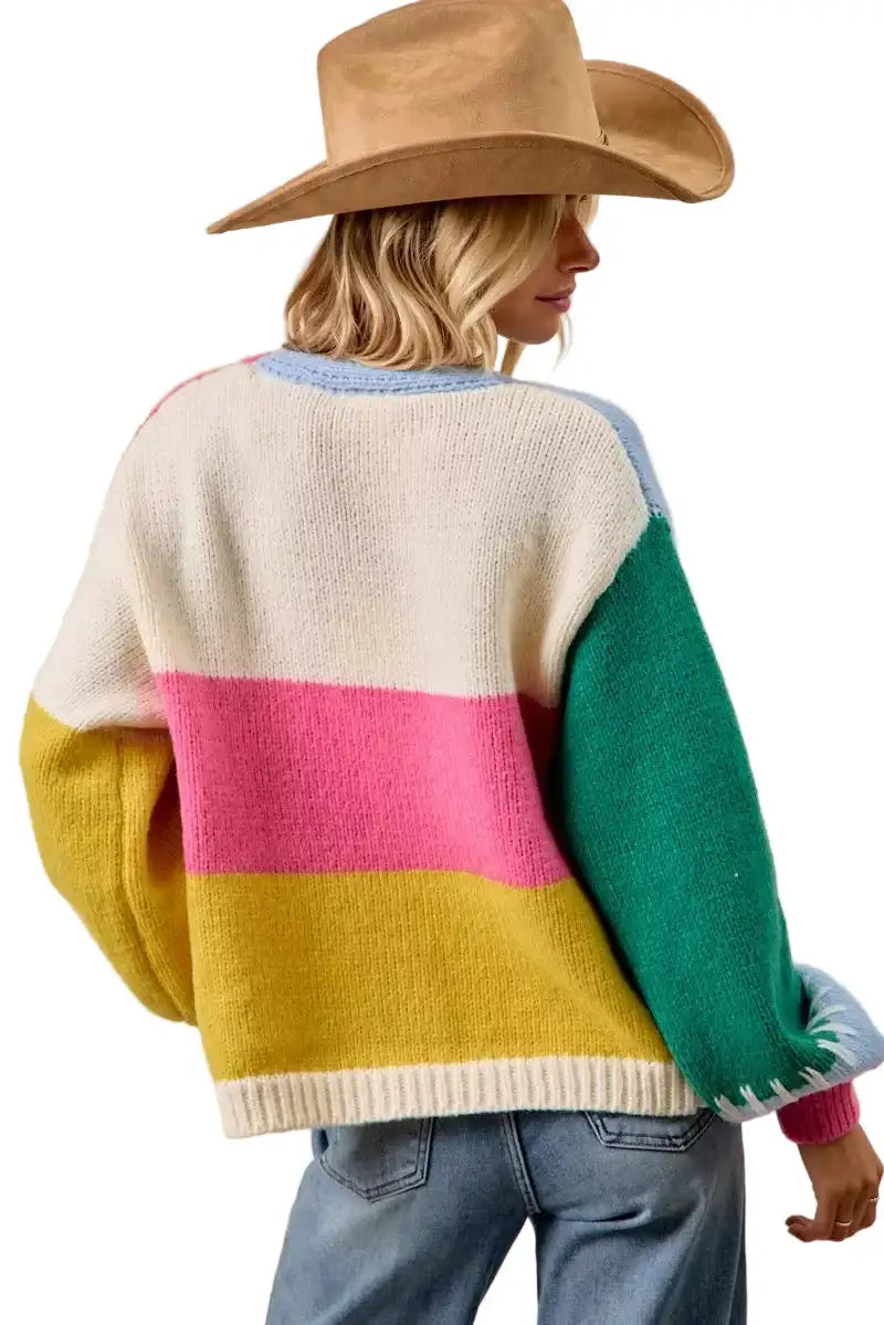 BiBi Color Block Open Front Sweater Cardigan