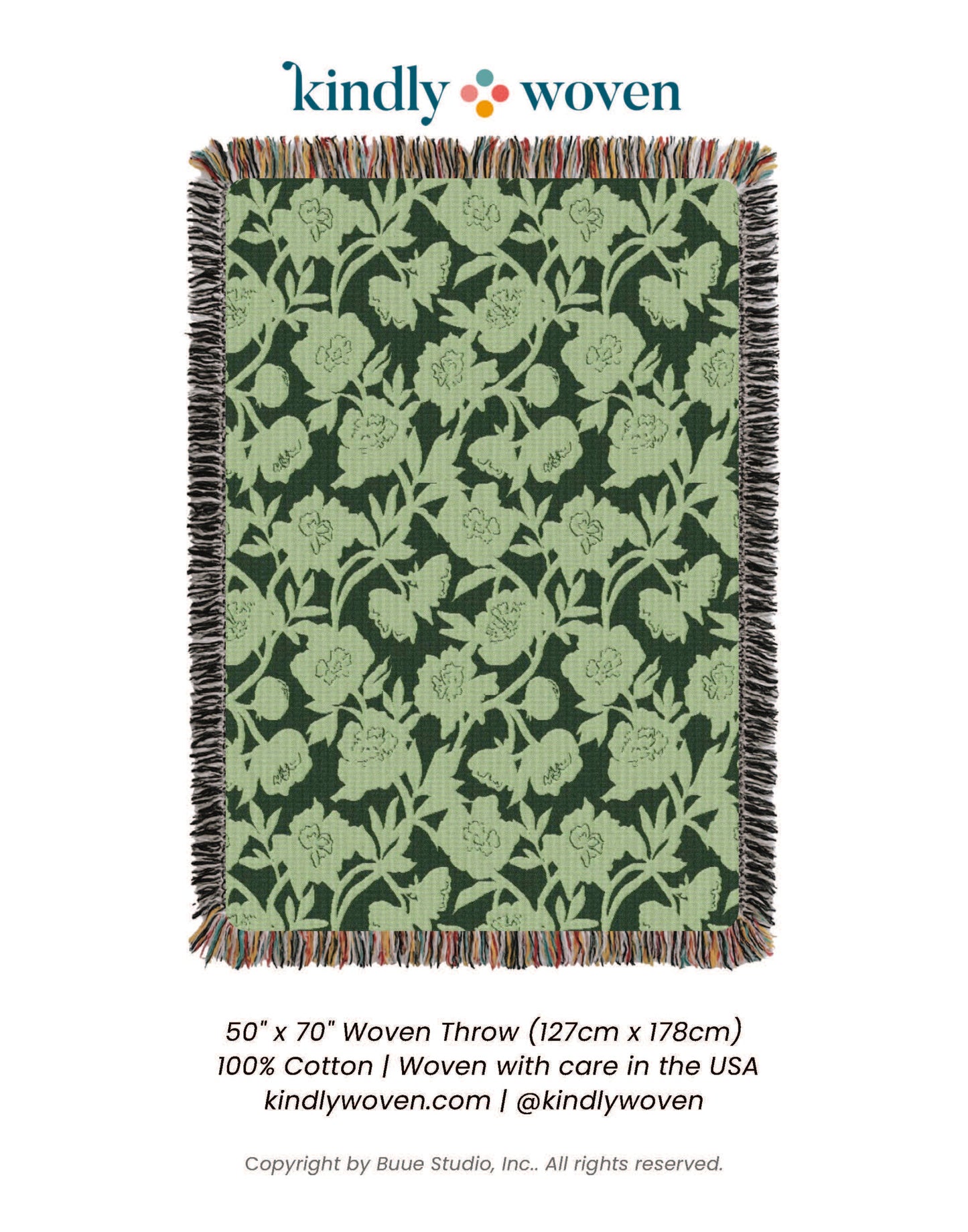 Botanical Green Throw Blanket, Reversible Cotton Jacquard Throw