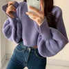 Women Neck Split Design Sleeve Lantern High Waist Short Kitted Sweater