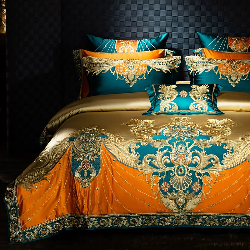 European Luxury Palace Satin Silk Cotton Embroidery Bedding Set 6-10 PCs Set