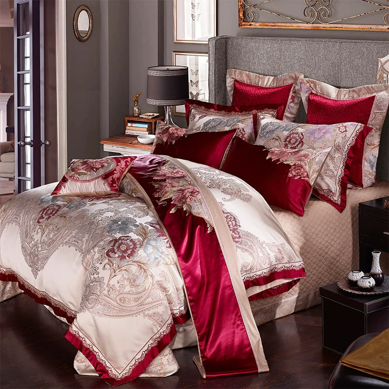 European Luxury Pure Cotton Satin Embroidery Bedding Set 4 - 10 Pieces