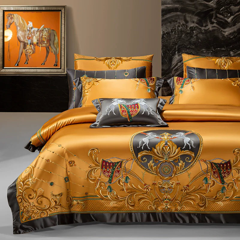 European Luxury Embroidery Palace Pure Cotton Satin Silk Bedding Set 6-10 PCs Set