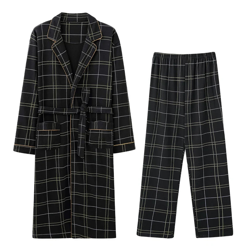 Men’s Cotton Robe Long Sleeve Kimono Bathrobe With Long Pants 2pcs Robes Set Sleepwear Spring Autumn V-Neck Plaid Pajama