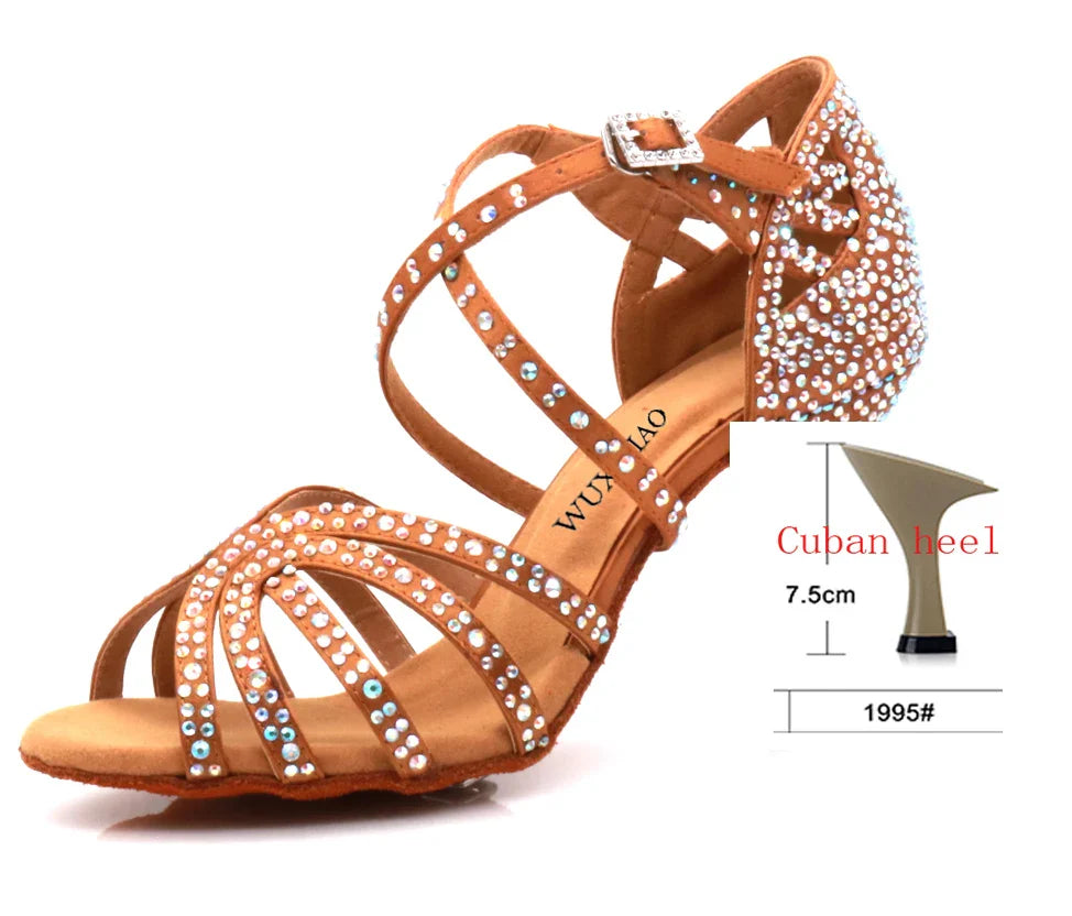 Ballroom Diamond Latin Dance Soft Sole Shoes Silver Bronze Skin color