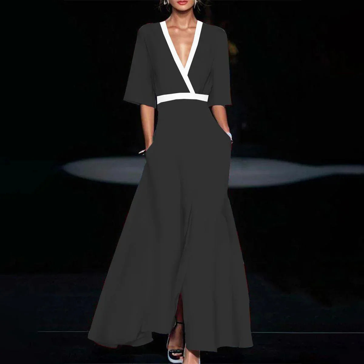 Elegant Women V Neck Belted Party Long Dress Sexy Printing A-Line