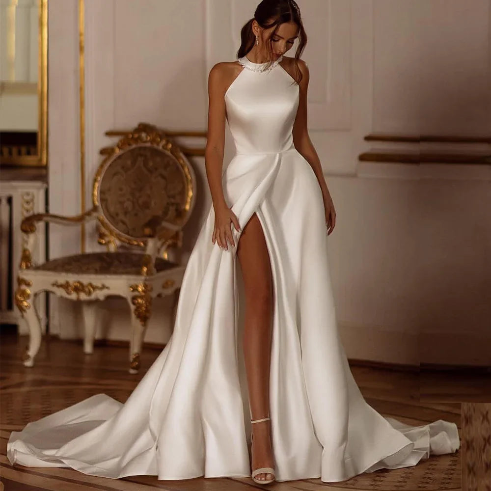 Customized Temperament Elegant Pearls Sleeveless Wedding Dress High Slit Back Bow A-Line Simple Bridal Gown