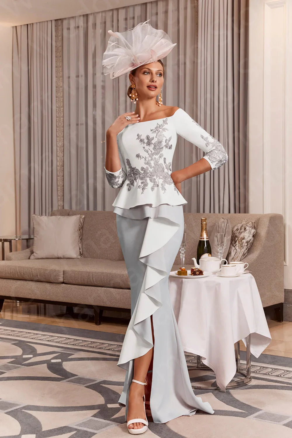 Customized Mermaid Mother of the Bride Dresses Lace Off Shoulder Sleeves Front Split