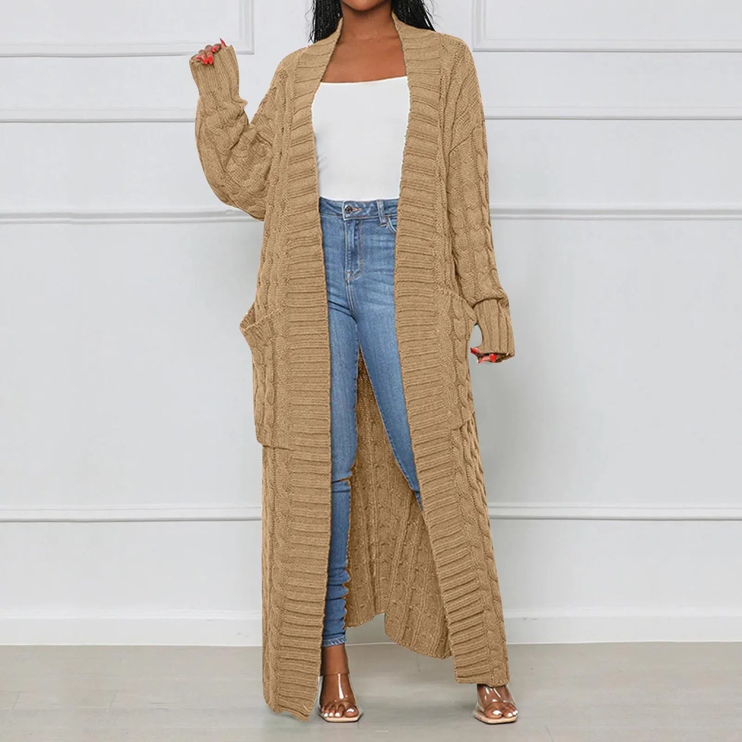 Women's Elegant Wool Ankle Length Knit Cardigan Open Front Long Sleeve Pocket Sweater