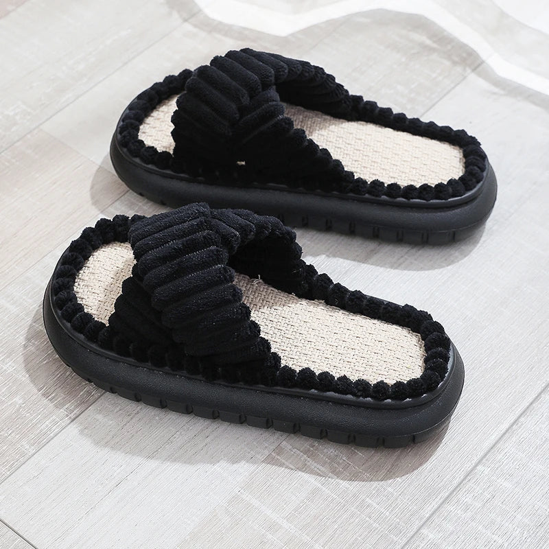Winter Women Slippers Open-Toe Cross Band Linen Soled Indoor Non-Slip