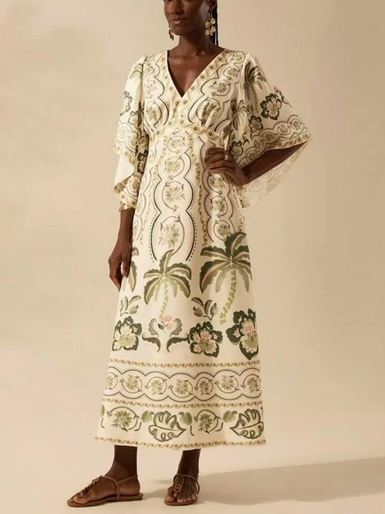 Women Summer Vintage Deep V Coconut Tree Print Flare Sleeve A-line Maxi Dress