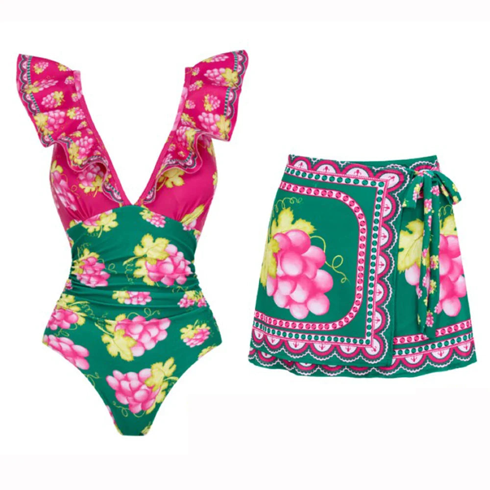 Swimwear 2PC Cover-up Swimsuit Ruffle Printed Deep V One-piece Kimono Bikini Suit
