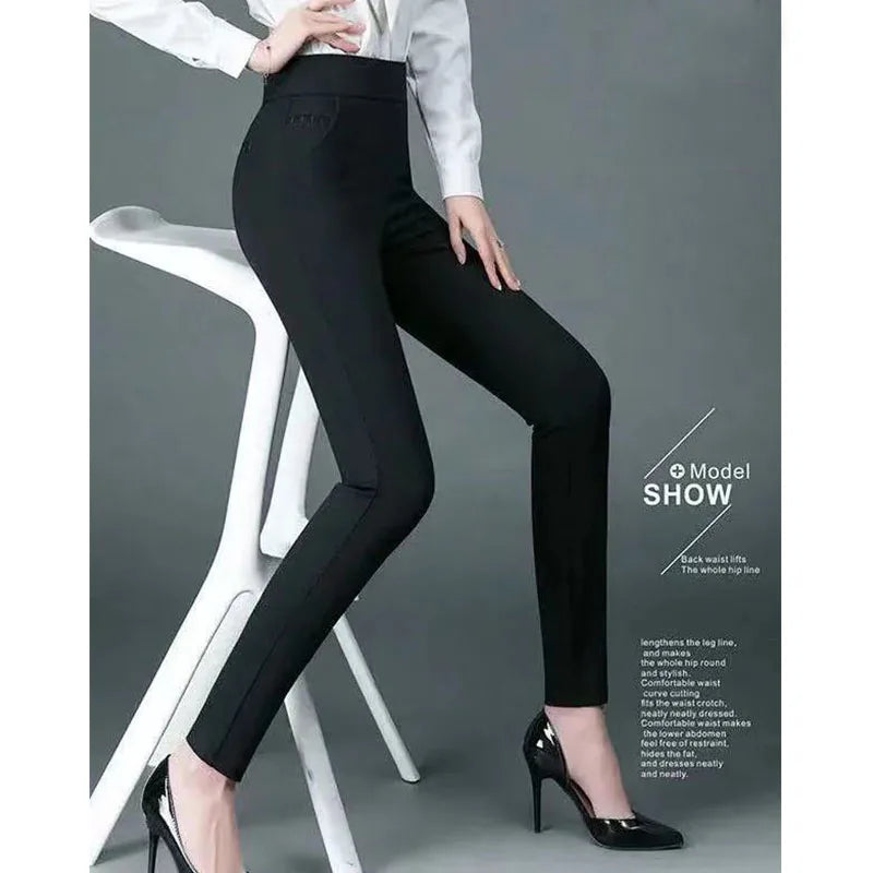 Women Slim Pencil Pants Spring Autumn High Waist Elastic Pockets Solid Elegant