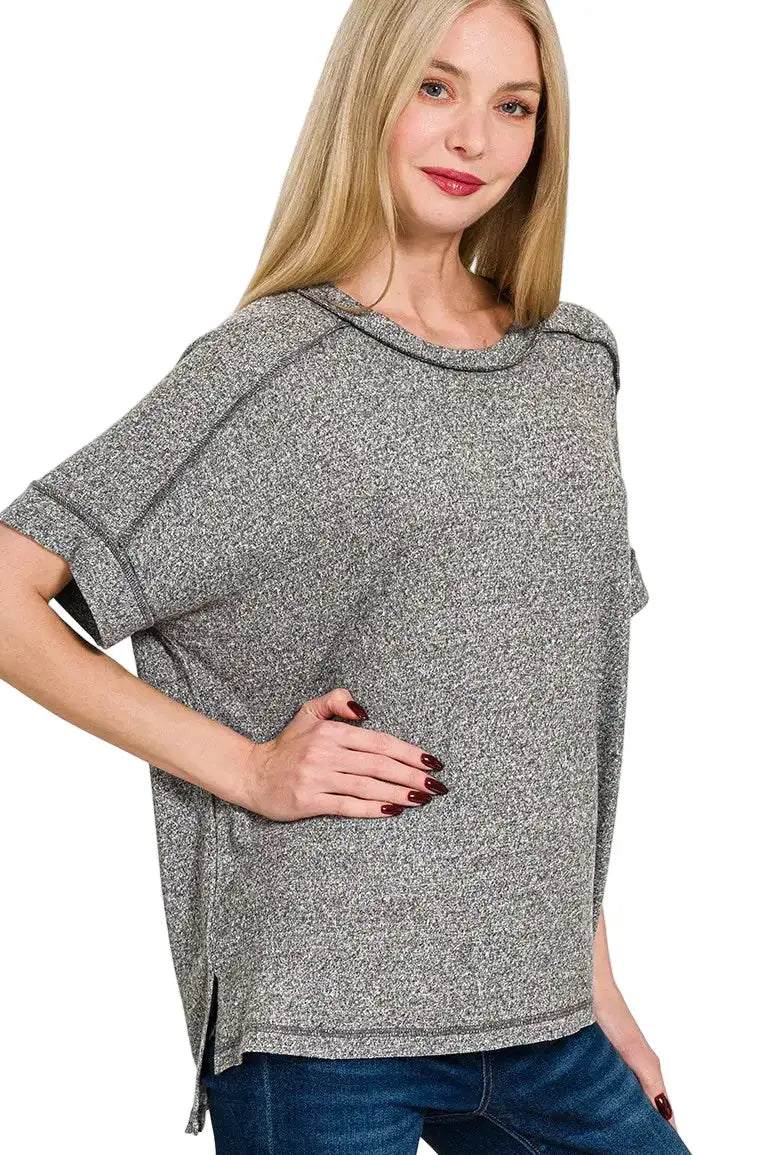 Zenana Full Size Soft Melange Hacci Short Sleeve Hi-low Tee Plus Size