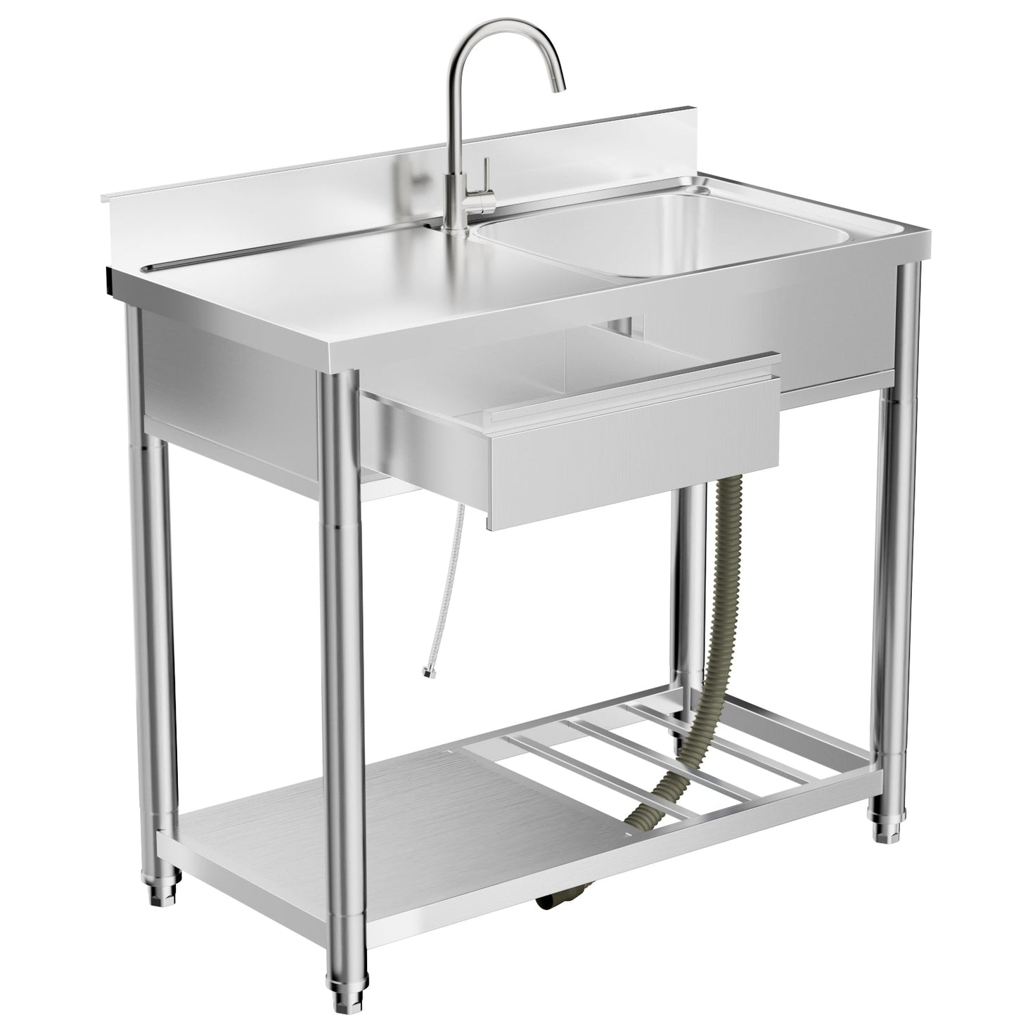 Stainless Steel Outdoor Utility Sink with Workbench & Storage | 39 in., 360° Faucet