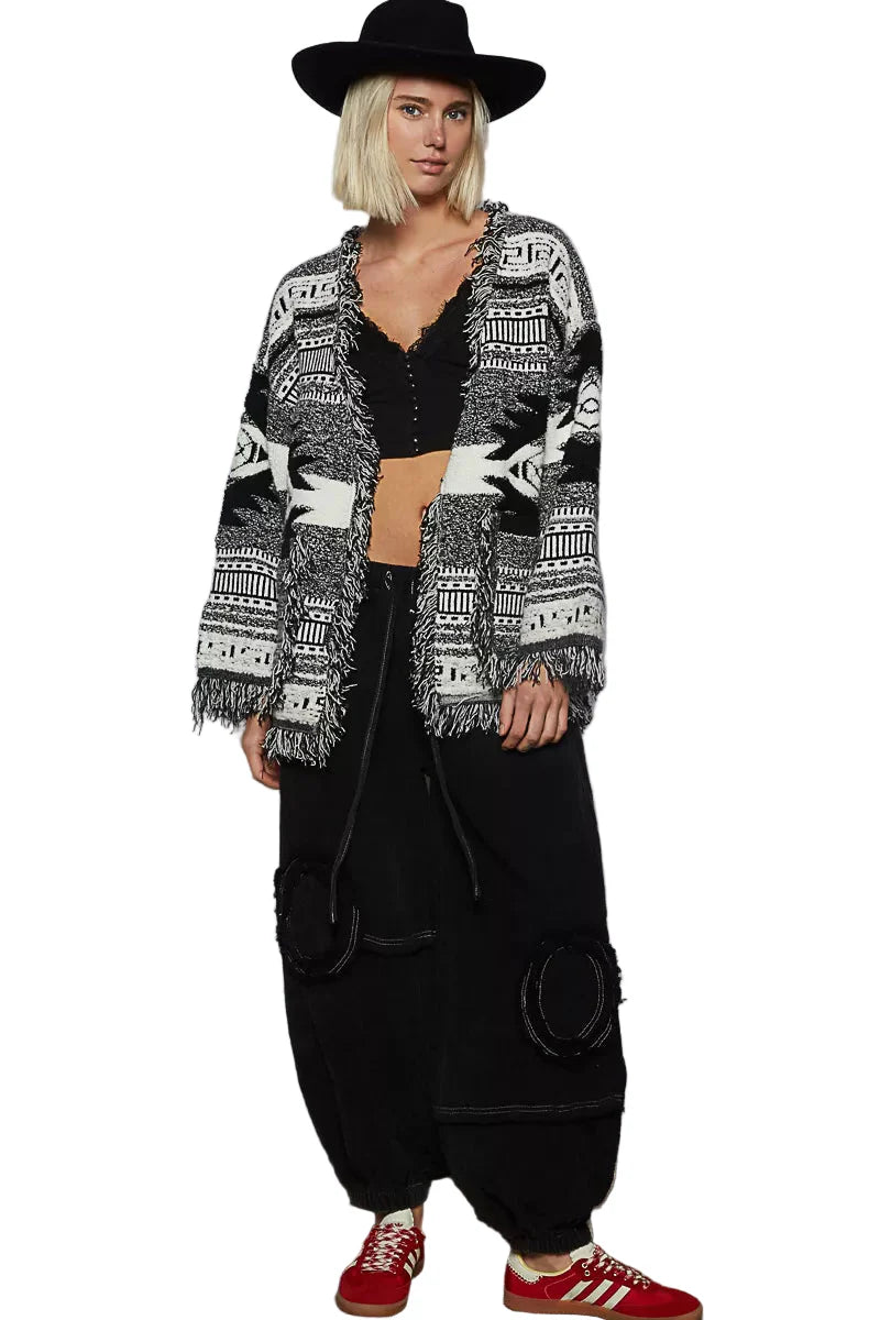 POL Open Front Geometric Print Cardigan with Fringe Detail