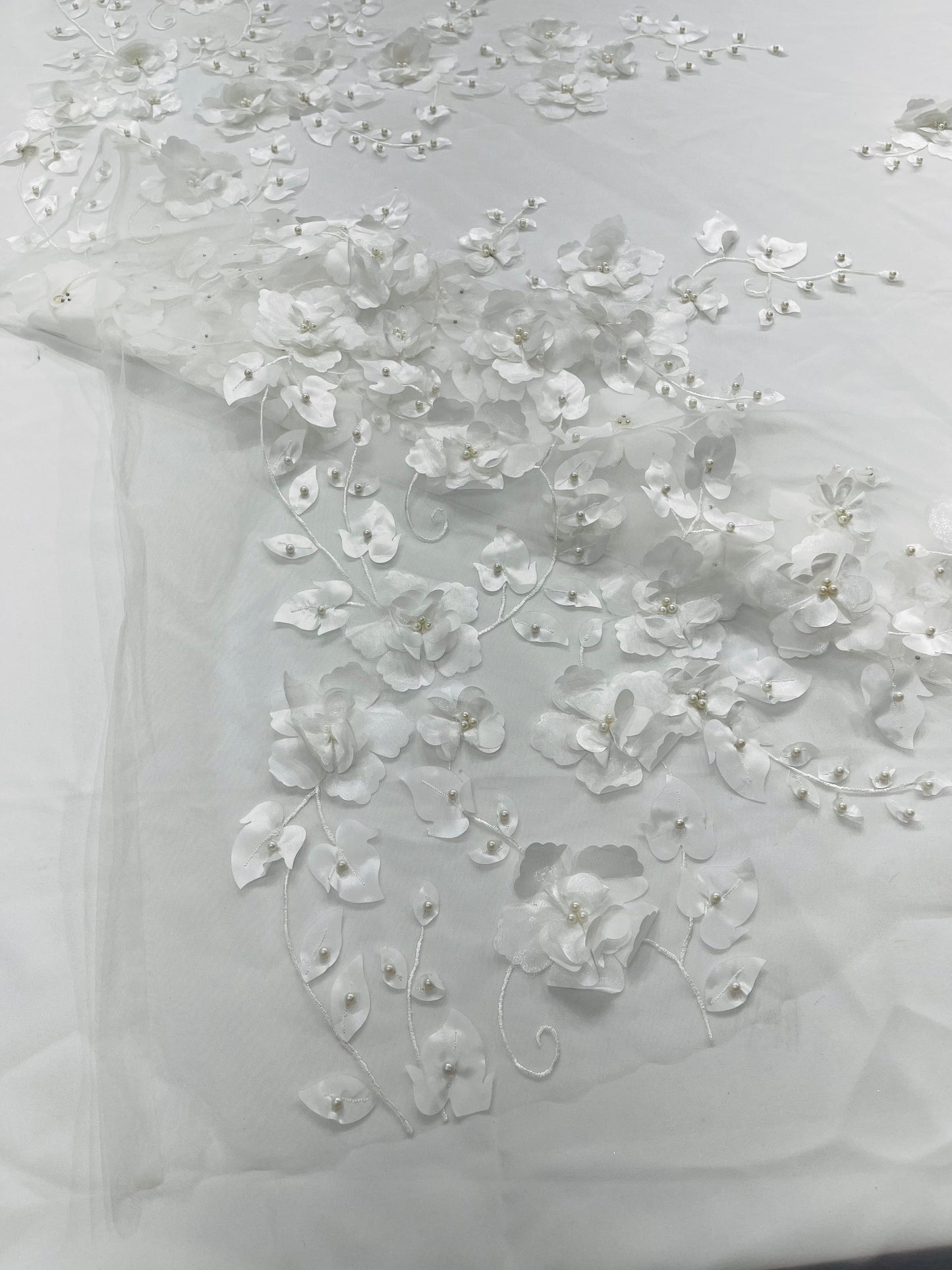 Orquidia 3d floral design embroider with pearls lace 54" Wide| New Creations Fabric & Foam Inc.