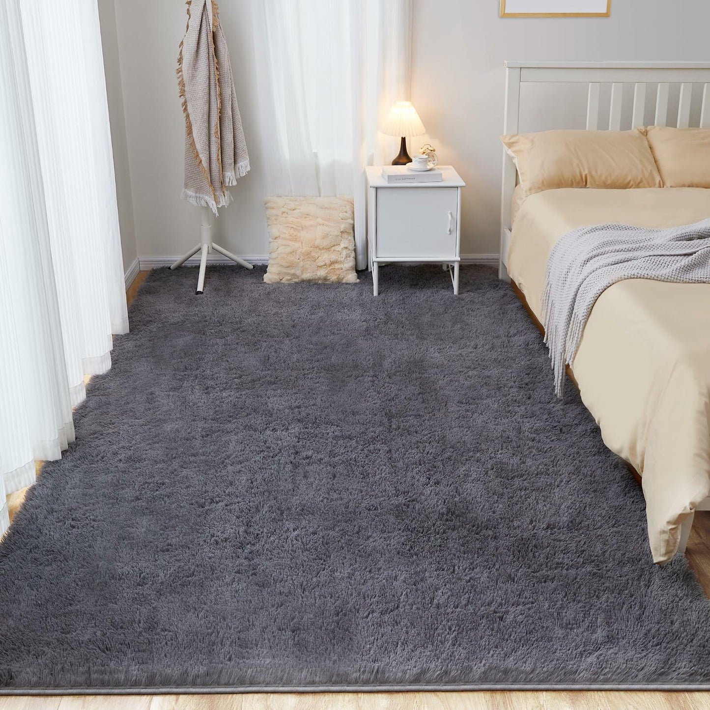 Puremy Grey Round Fluffy Rug 5ft Non-Slip Carpet for Kids Nursery Room
