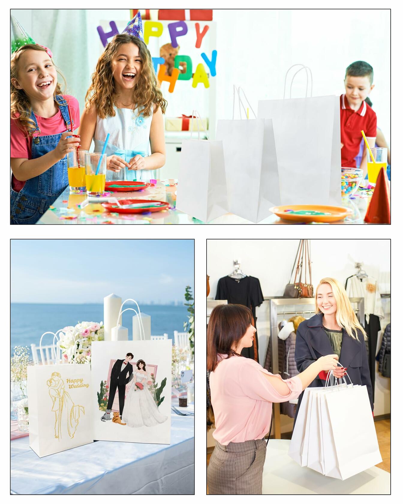 BAG BOX 50 Pack Kraft Paper Gift Bags with Handles 8.25x4.3x10.6 Inch White