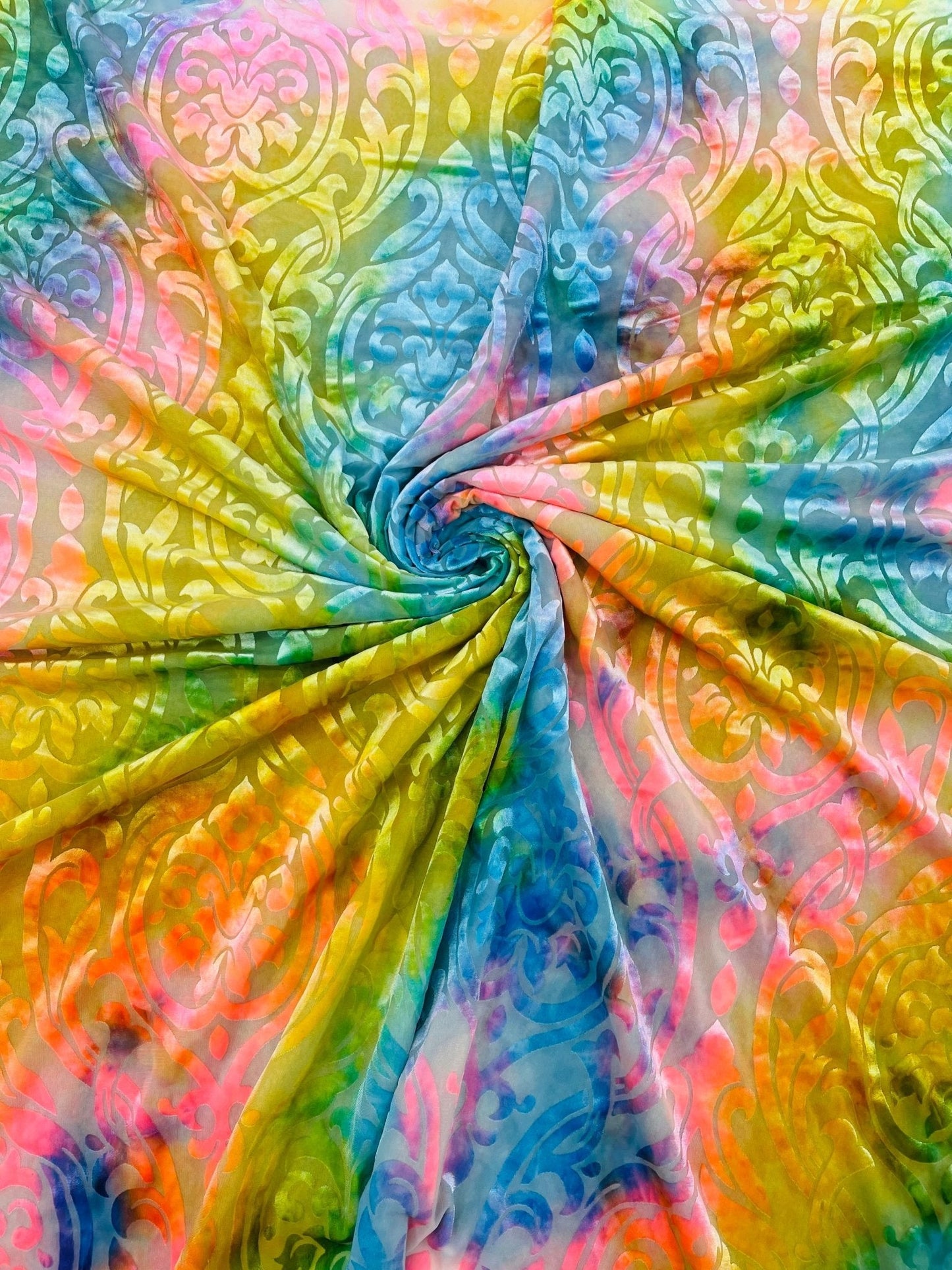 Tie Dye Damask Burnt out Stretch Velvet 58" Wide| New Creations Fabric & Foam Inc