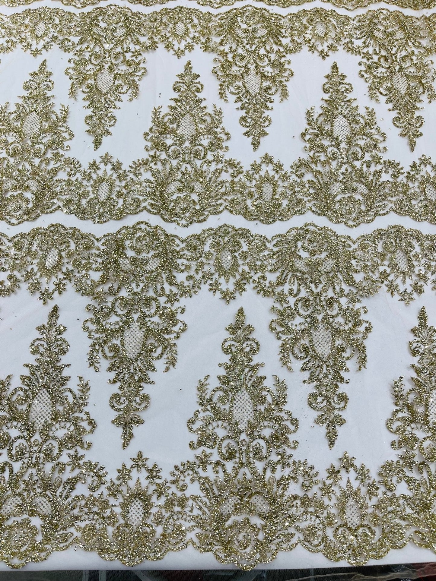 Trim Glitter Damask Design On A Mesh Lace 58" Wide| New Creations Fabric & Foam Inc.