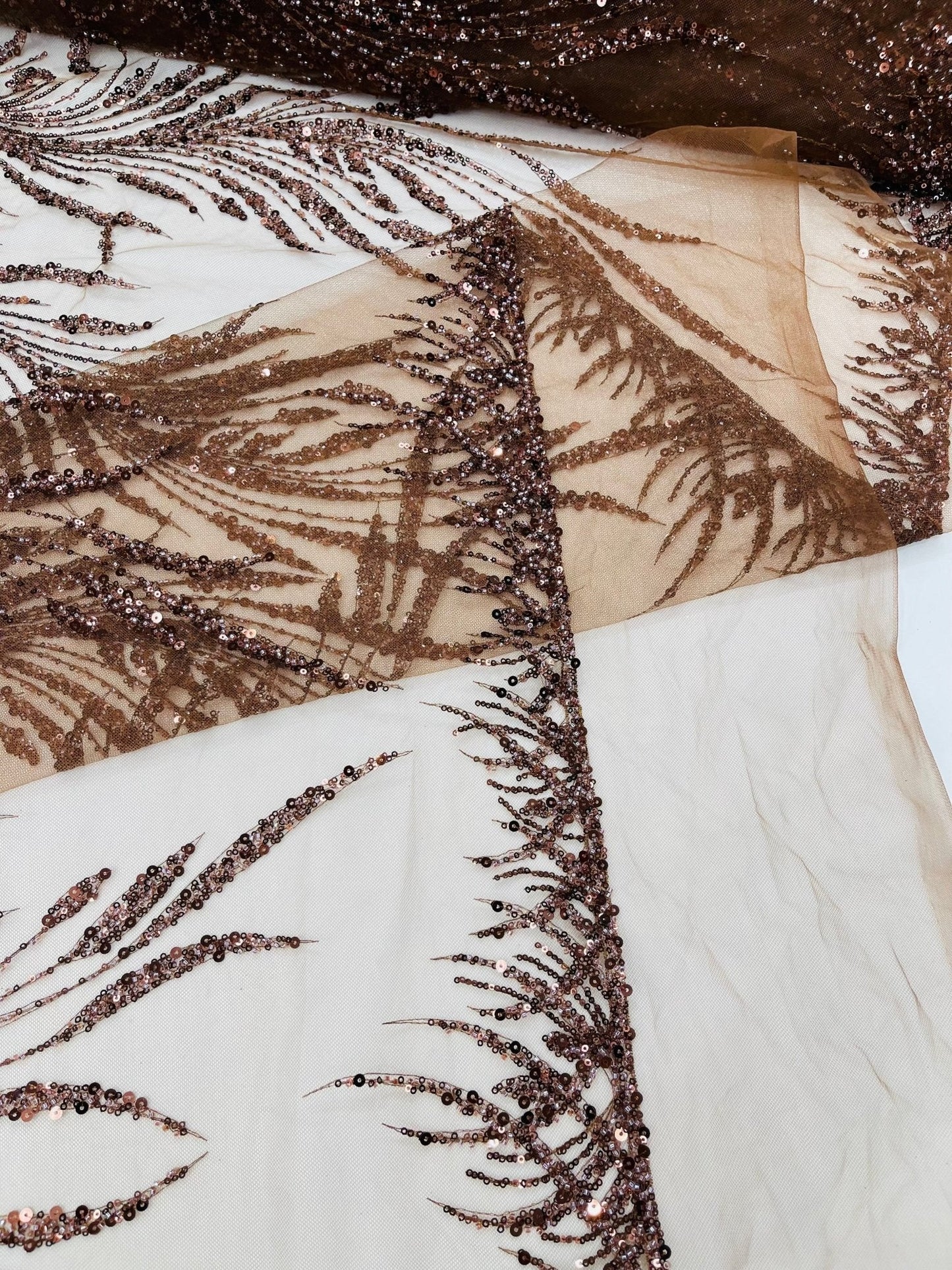 Wing Feather Damask Beaded Lace 54" Wide | New Creations Fabric & Foam Inc.