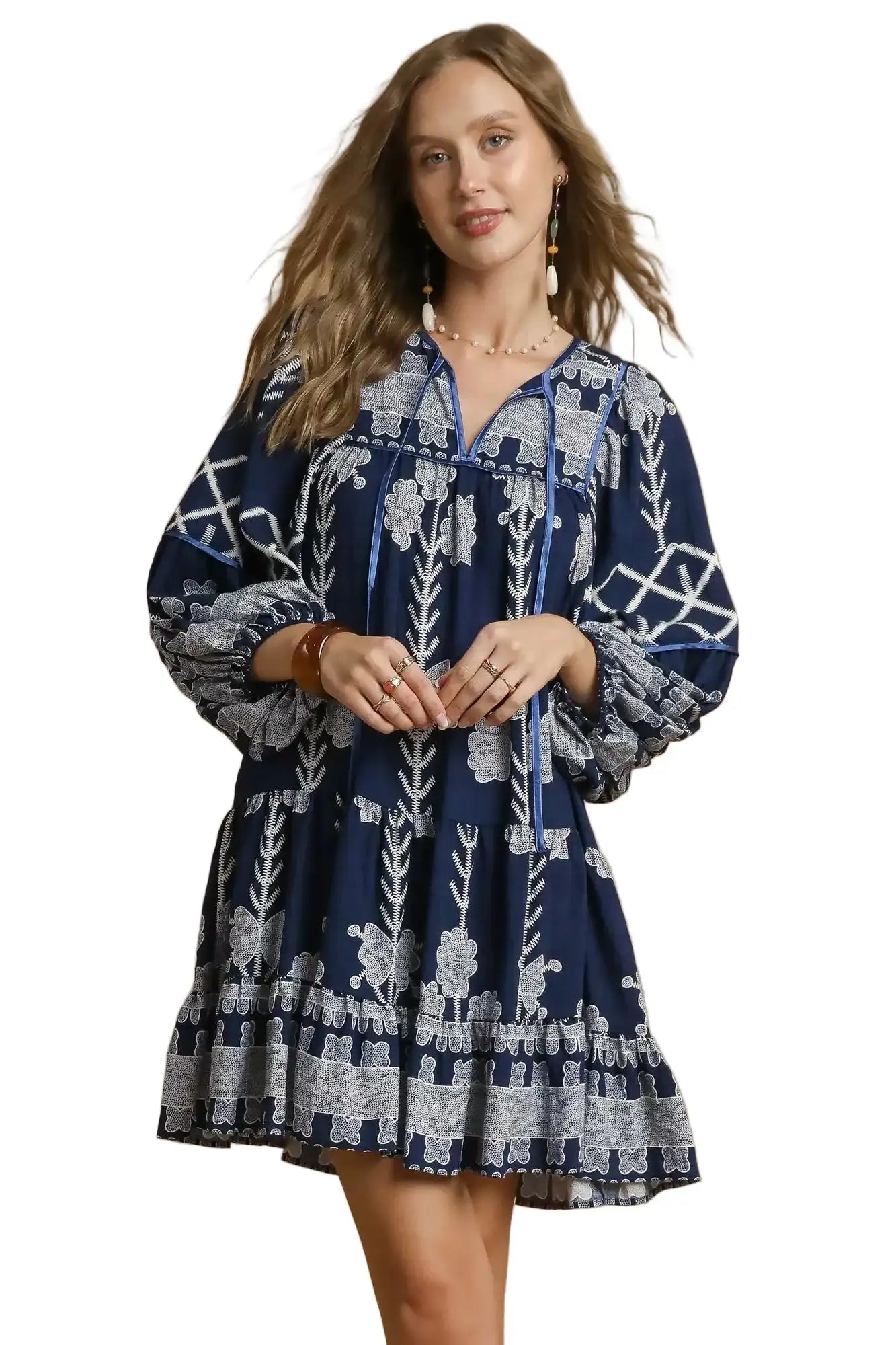 Umgee Tribal Print Dress with Tie Neck