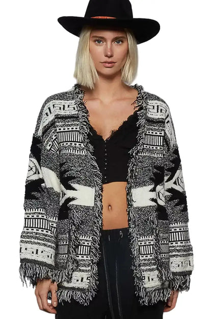 POL Open Front Geometric Print Cardigan with Fringe Detail