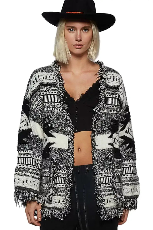 POL Open Front Geometric Print Cardigan with Fringe Detail