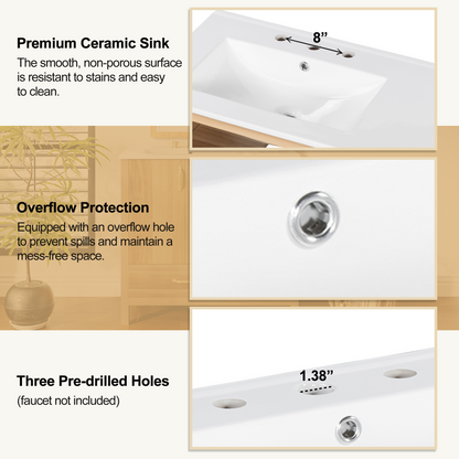36" Acacia Wood Bathroom Vanity with Sink – Solid Wood Frame, 2 Soft-Close Doors, 4 Soft-Close Drawers & Ceramic Basin