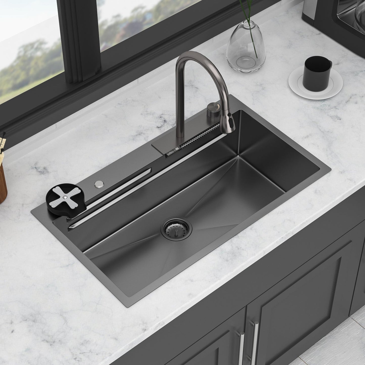 33" Gunmetal Black Kitchen Sink – 16G T304 Stainless Steel | Waterfall Faucet, Workstation Ledge, Top Mount