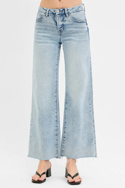 RISEN Full Size Tummy Control Low Rise Wide Leg Raw Cut Hem Jeans Plus Size