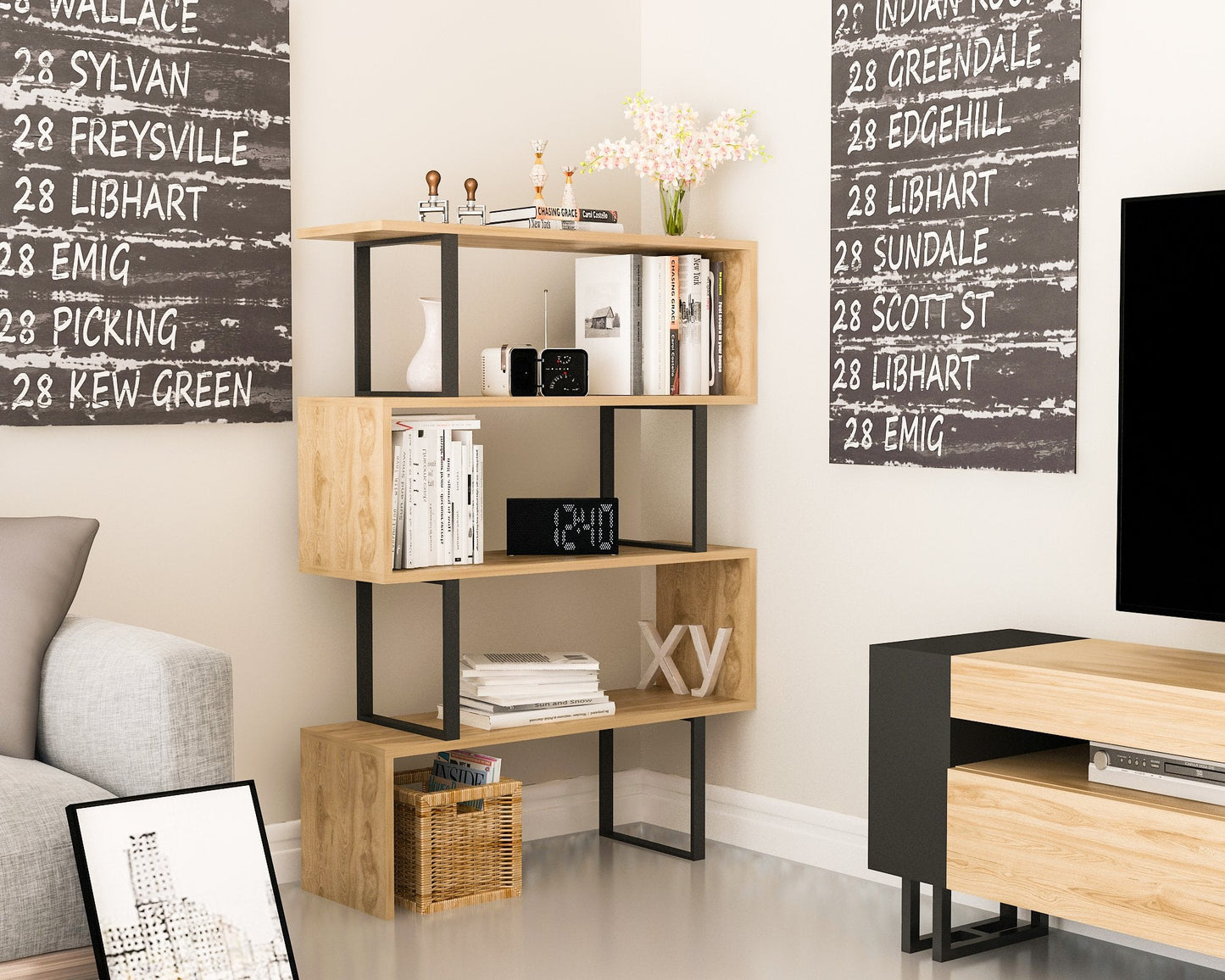 Adriana 49" Tall Metal Manufactured Wood Geometric Bookcase