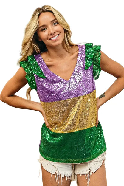 BiBi Mardi Gras Sequin Color Block Ruffled  Top