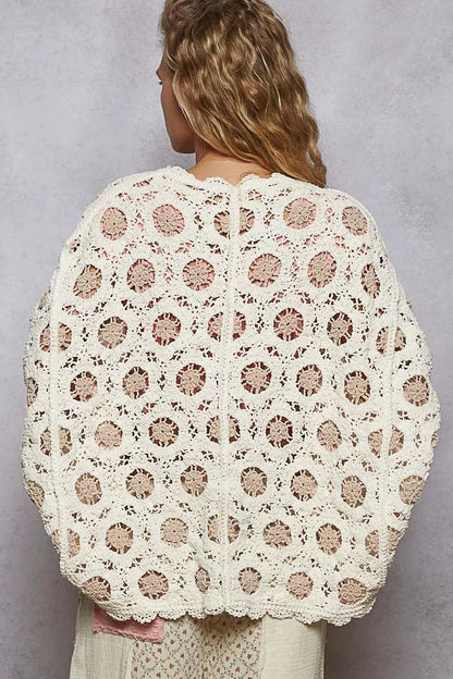 POL Openwork V-Neck Chenille Cardigan with Contrast Floral