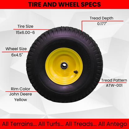 Antego Tire & Wheel (Set of 2) 15x6.00-6 Tire and Wheel Assemblies, ATW-001, 4 Ply Turf Tires, .75" Precision Ball Bearings, John Deere 15x6.00-6NHS Lawn Mower Tires, John Deere Front Tires 15x6.00-6