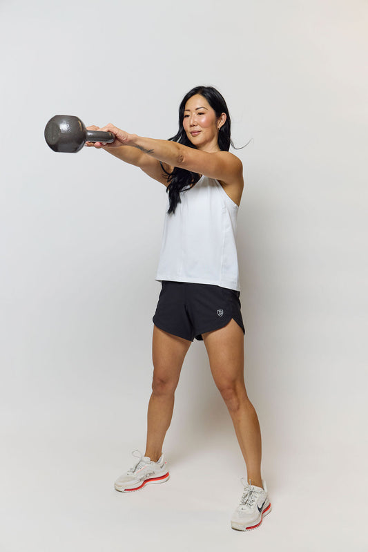 Women's Excel workout shorts black training lifestyle shot