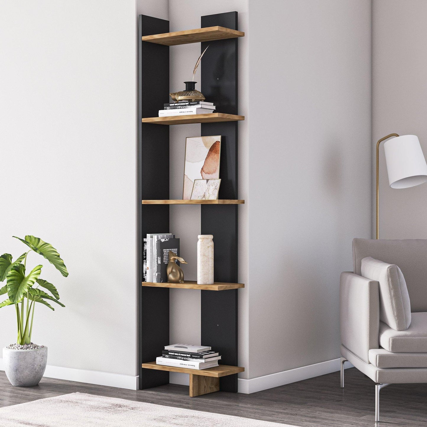 Alice 67” Corner Bookcase – 5-Tier Narrow L-Shaped Wall-Mounted Corner Bookshelf