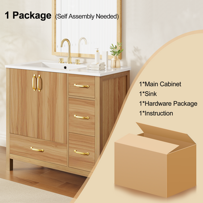 36" Acacia Wood Bathroom Vanity with Sink – Solid Wood Frame, 2 Soft-Close Doors, 4 Soft-Close Drawers & Ceramic Basin