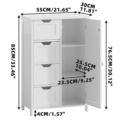 Bathroom Storage Cabinet with 4 Drawers and 1 Door, Freestanding Wooden Floor Organizer for Bathroom, Narrow Storage Cabinet for Small Spaces, Entryway, Living Room or Hallway, White