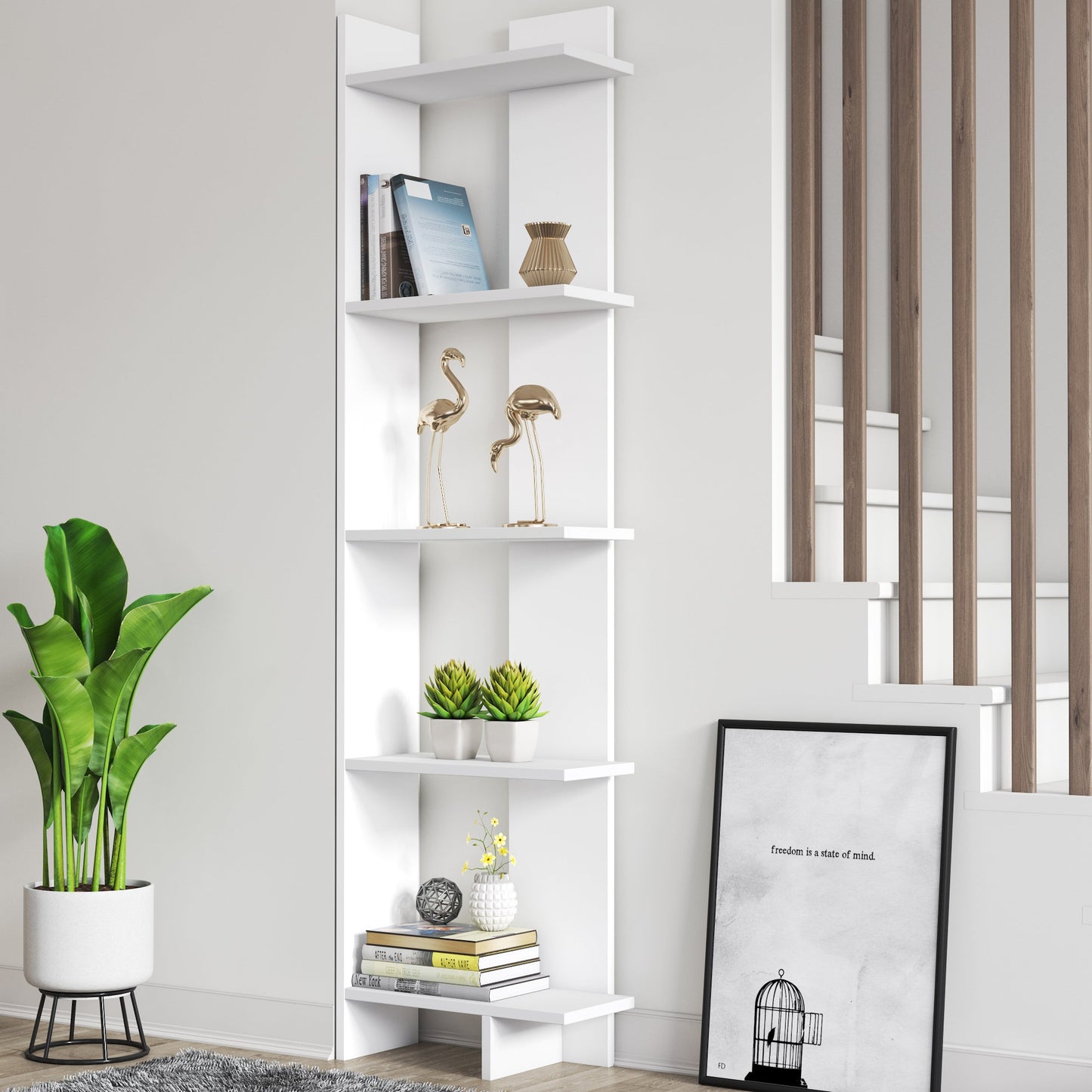 Alice 67” Corner Bookcase – 5-Tier Narrow L-Shaped Wall-Mounted Corner Bookshelf