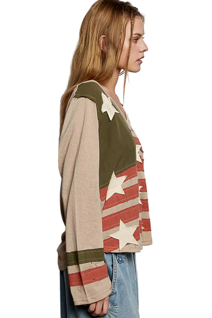 POL Double Gauze American Flag Patch V-Neck Long Sleeve T-Shirt