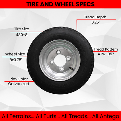 Antego Tire and Wheel (Set of 2) 4.80-8 Tire and Wheel Assemblies, Galvanized 4 Lug Trailer Tires and Wheels, 6 Ply, Load Range C