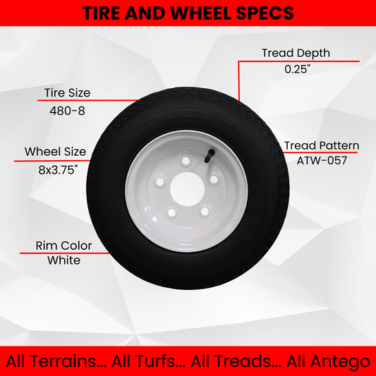 Antego Tire and Wheel (Set of 1) 4.80-8 Tire and Wheel Assemblies, White 5 Lug Trailer Tires and Wheels, 6 Ply, Load Range C