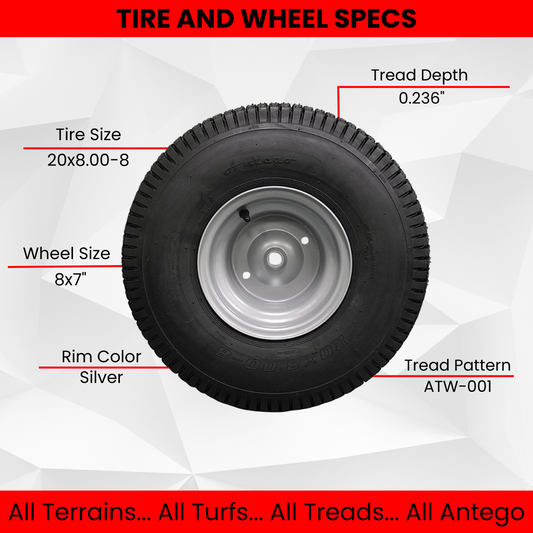 20x8.00-8 Tires with 8x7 Wheels 4 Ply for Lawn & Garden Mower Turf Tires (Qty: 1 Assembly) Husqvarna and Craftsman