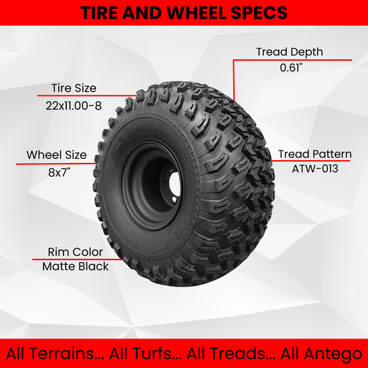 22x11.00-8 with 8x7 Matte Black Wheels for Golf Cart (Set of 4)
